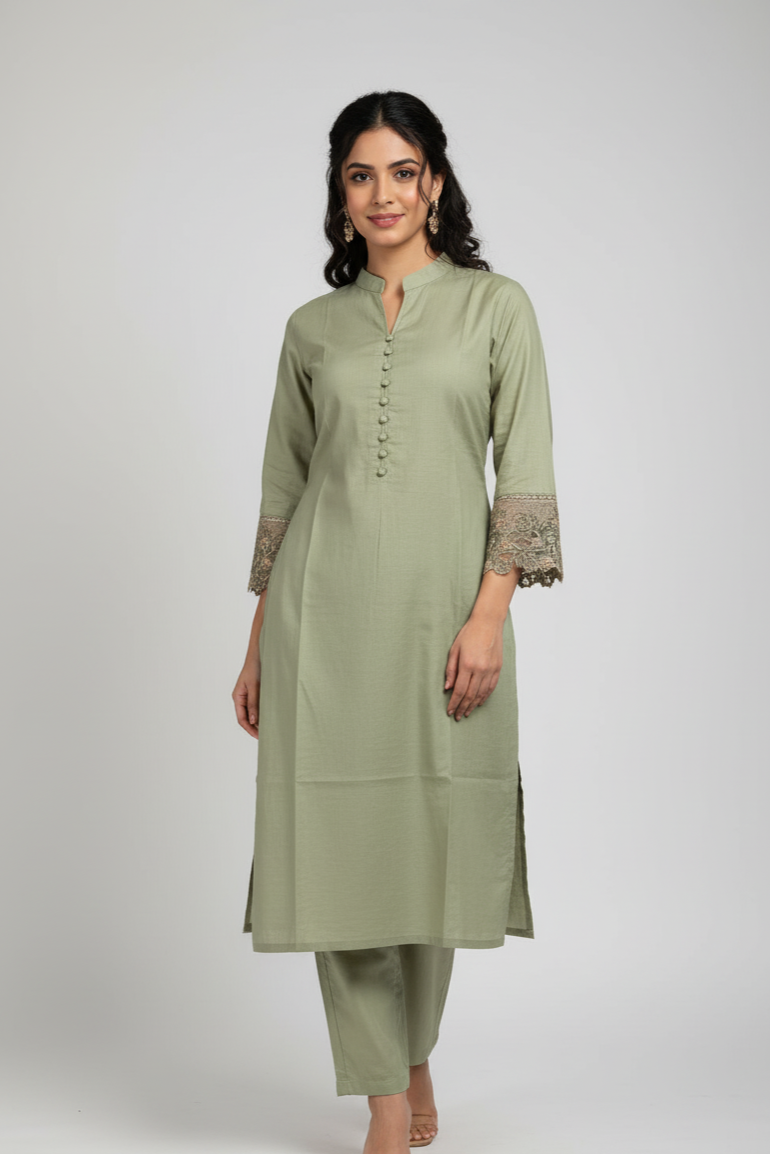 Lawn A-Line shirt pista green - Pakistani women's casual summer outfit with cotton trouser and lawn dupatta front view