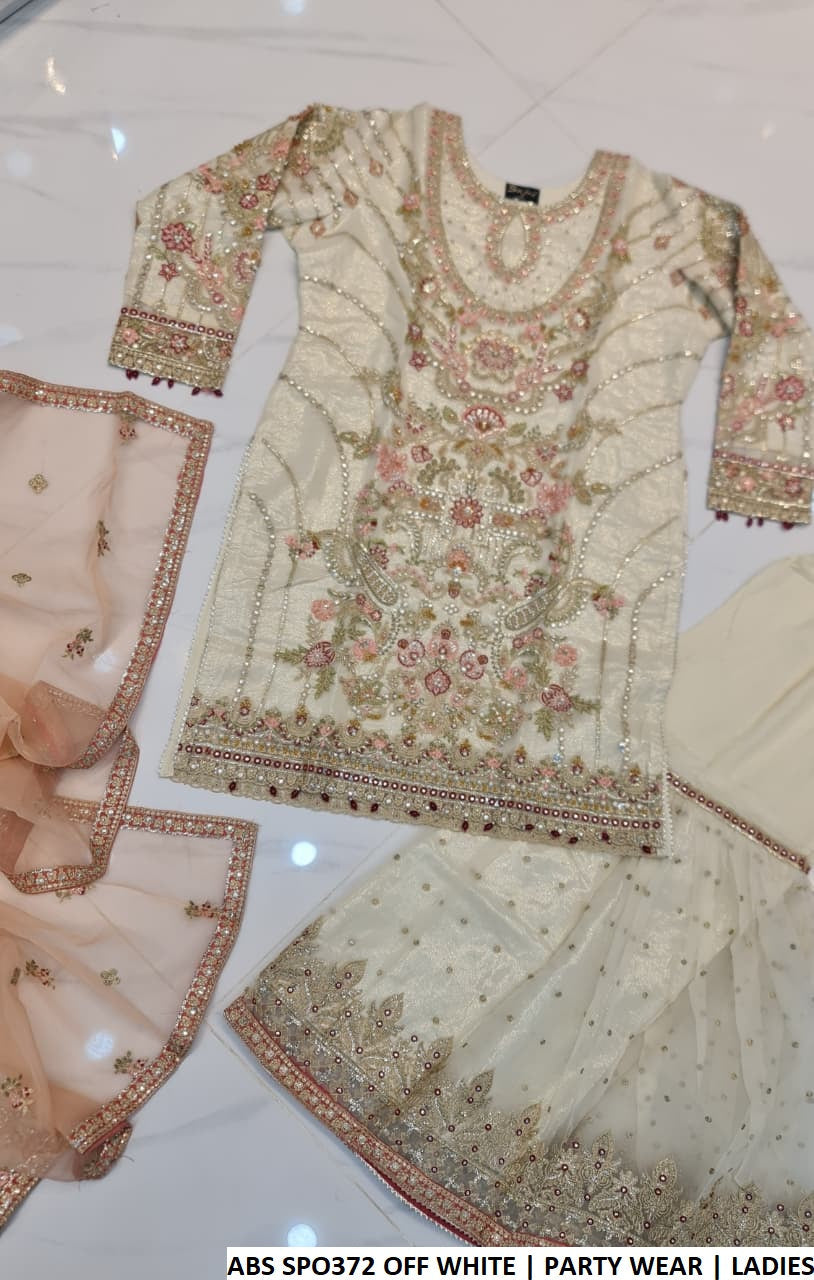 Pakistani women's off white organza straight shirt gharara back view