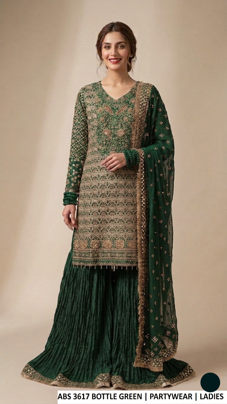 ABS 3617 BOTTLE GREEN - Bottle Green Chiffon Straight 3-Piece Women's Pakistani Suit