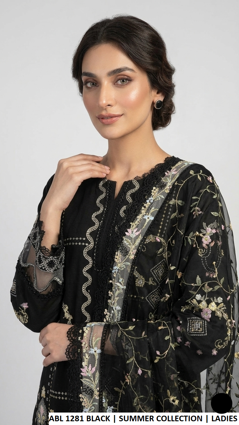 ABL 1281 BLACK - Black Cotton Straight 3-Piece Women's Pakistani Suit
