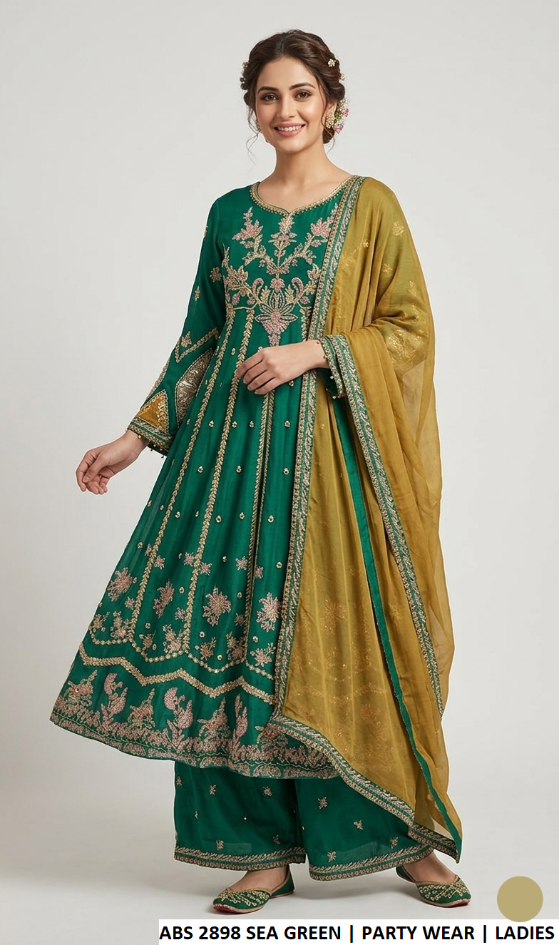 Chiffon open frock sea green - Pakistani women's luxury formal wear with viscose trouser and chiffon dupatta front view