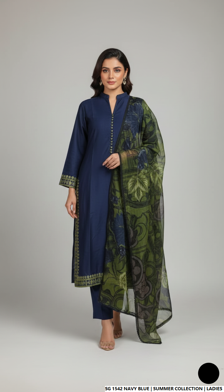 Lawn A-Line shirt navy blue - Pakistani women's casual summer outfit with cotton trouser and lawn dupatta front view