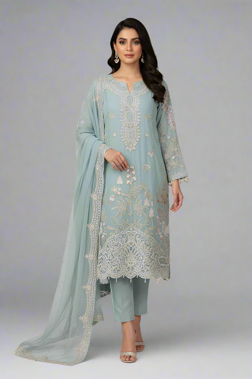 Organza straight shirt light blue - Pakistani women's elegant formal wear with viscose trouser and organza dupatta front view