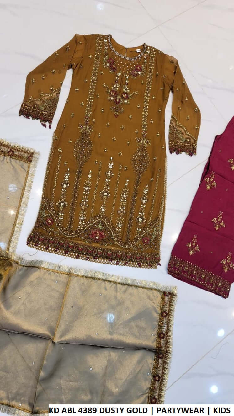 KD ABL 4389 DUSTY GOLD chiffon Pakistani kids straight shirt party wear back view