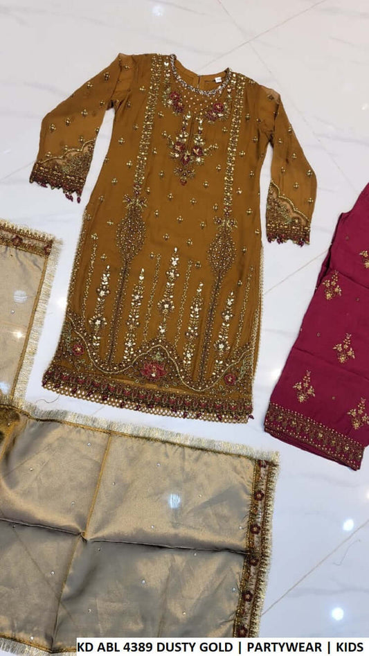 KD ABL 4389 DUSTY GOLD chiffon Pakistani kids straight shirt party wear back view