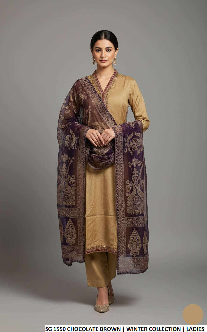 Viscose A-Line shirt brown - Pakistani women's casual elegant outfit with chiffon dupatta front view