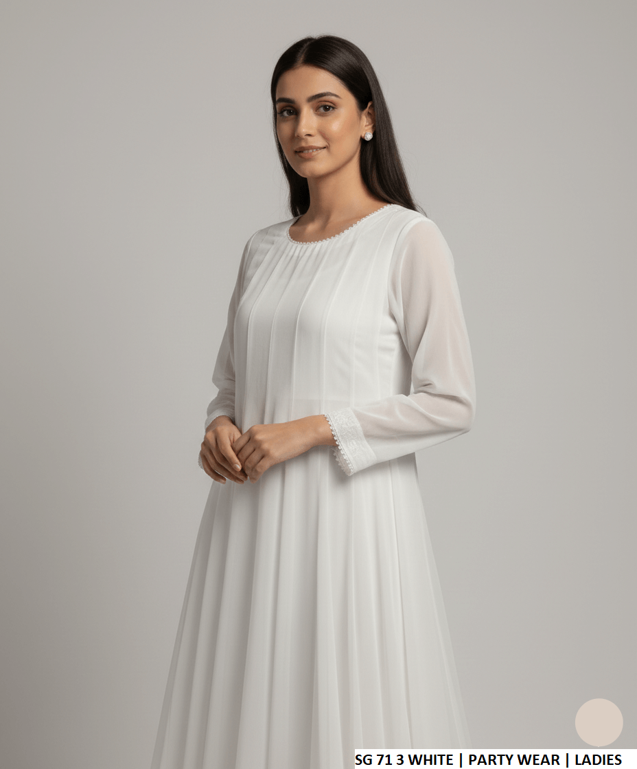 White chiffon Pakistani women's long frock side view