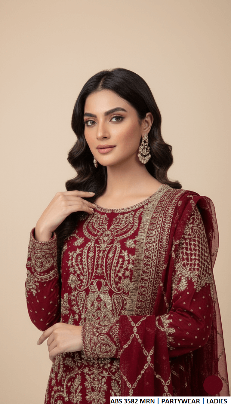 Maroon chiffon Pakistani women's straight shirt with shalwar side view