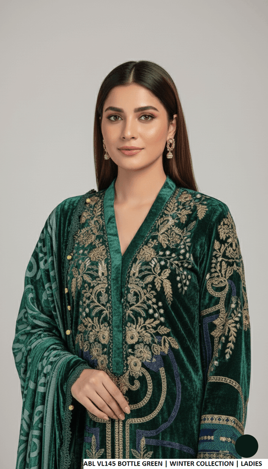 Bottle green velvet Pakistani women's A-Line shirt side view