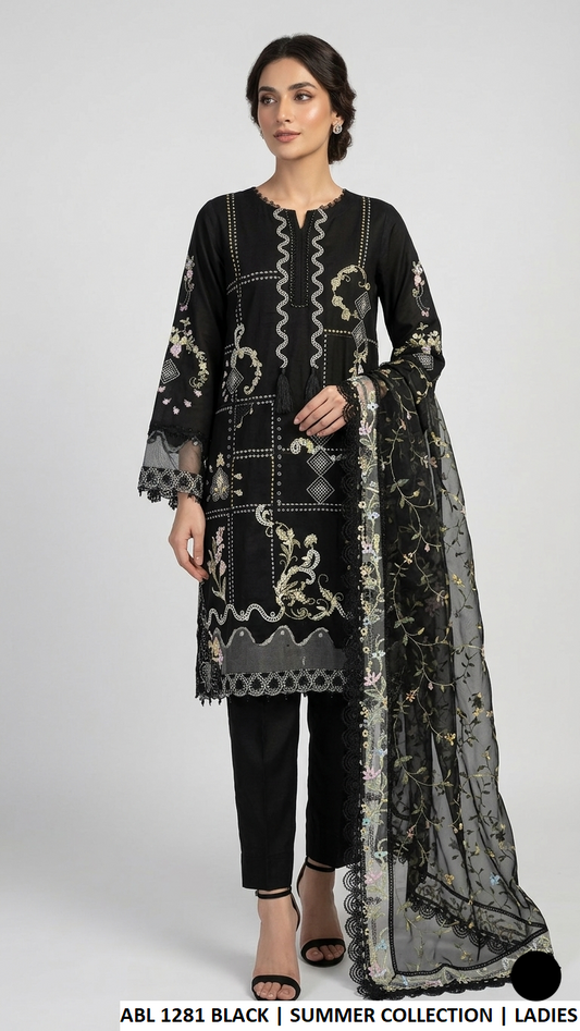 ABL 1281 BLACK - Black Cotton Straight 3-Piece Women's Pakistani Suit