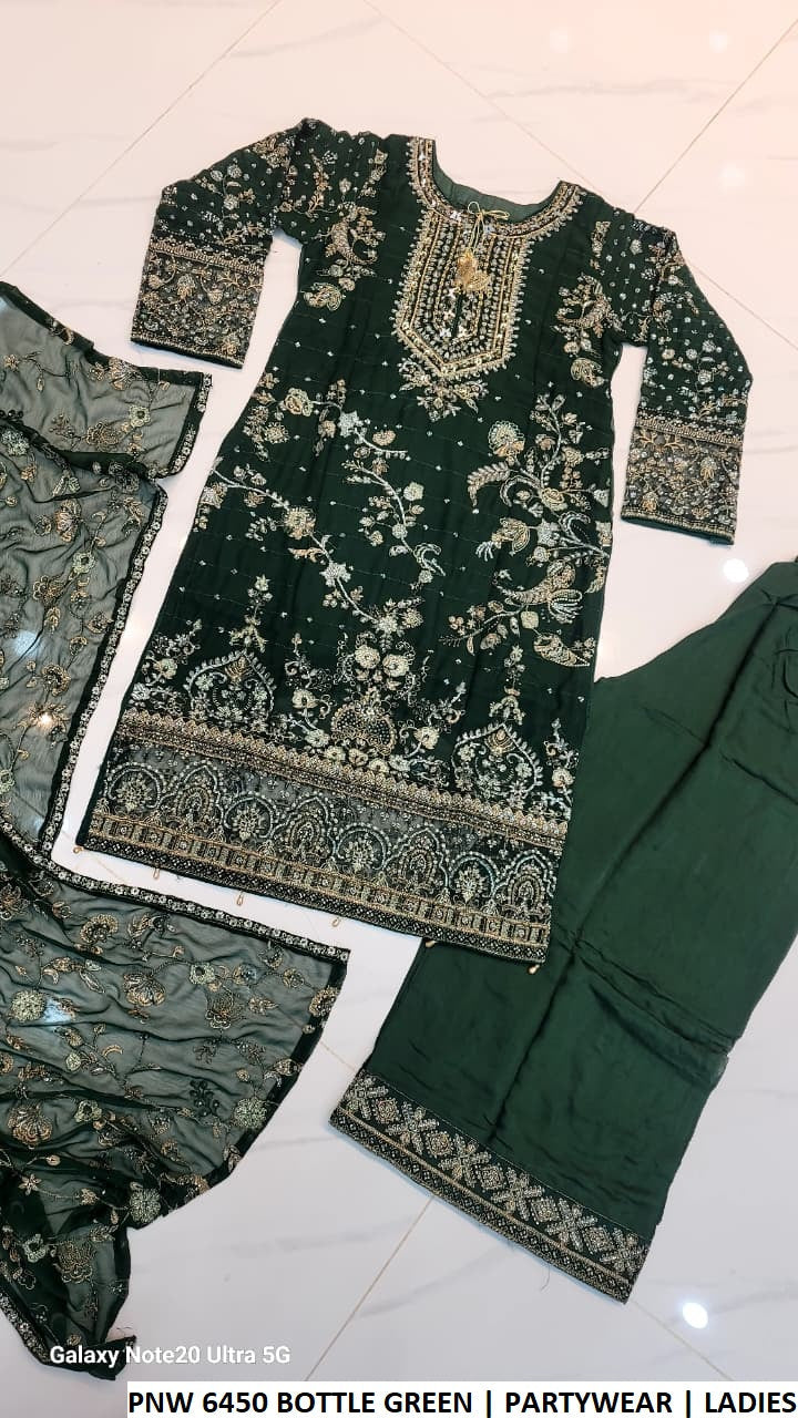 Pakistani women's bottle green chiffon straight shirt plazo back view