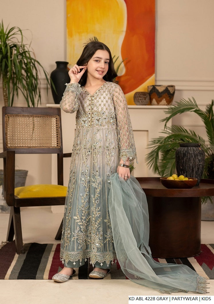 Kids girls chiffon frock gray - Pakistani girls party wear with chiffon dupatta front view