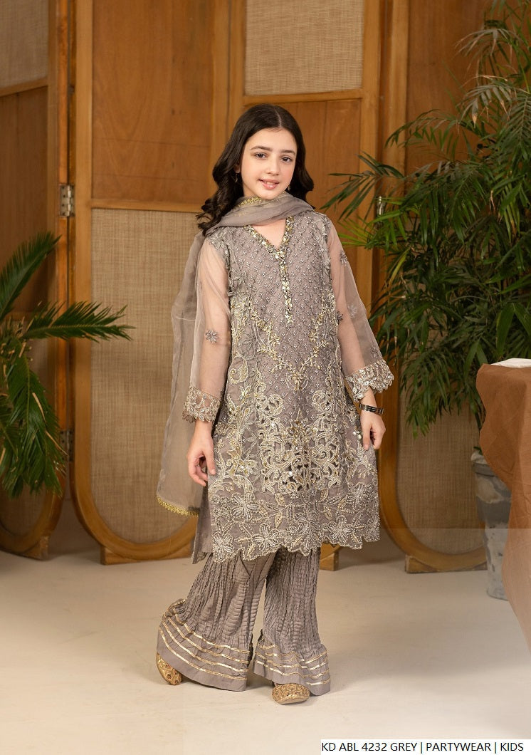 Kids girls chiffon frock grey - Pakistani girls party wear with chiffon dupatta and viscose trouser front view