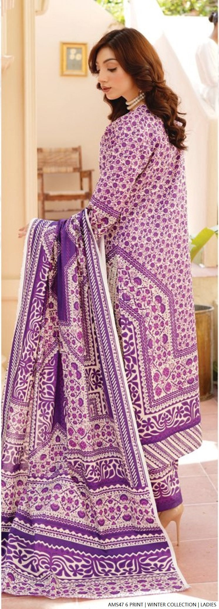 Pakistani women's lawn A-Line printed casual outfit back view