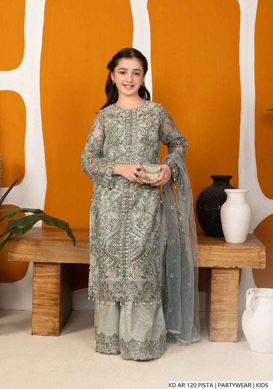 Kids girls organza frock aqua - Pakistani girls party wear with organza dupatta front view