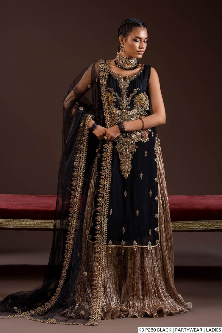 Pakistani women's black hand embroidered luxury suit detail view