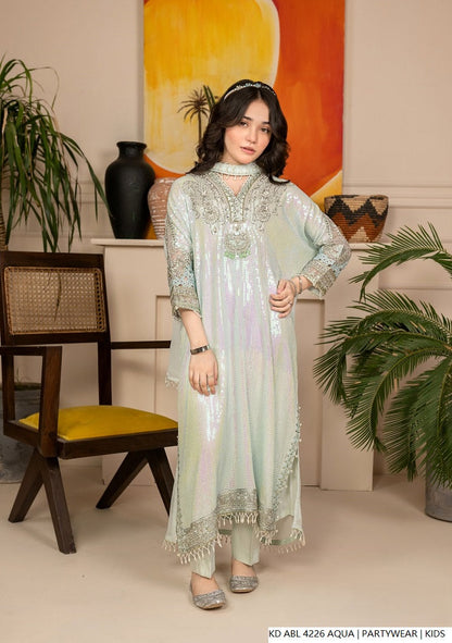 Kids girls chiffon frock aqua - Pakistani girls party wear with chiffon dupatta front view