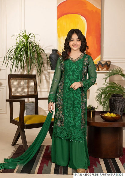 Kids girls chiffon frock green - Pakistani girls party wear with chiffon dupatta front view