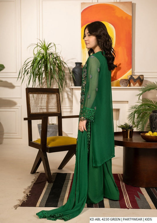 Green Pakistani girls chiffon frock side view