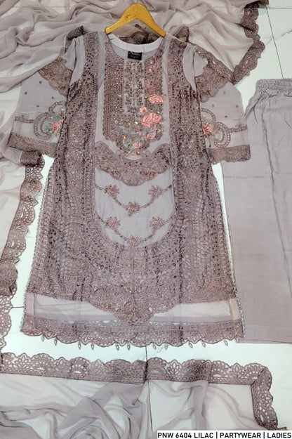 Pakistani women's lilac chiffon straight shirt plazo back view