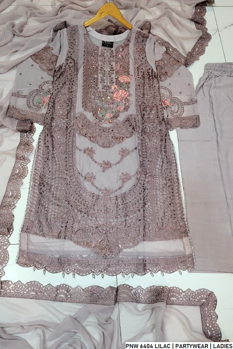 Pakistani women's lilac chiffon straight shirt plazo detail view
