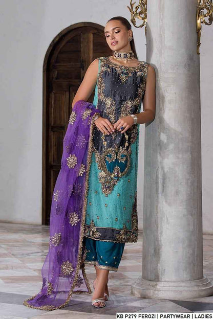 Hand embroidered luxury suit ferozi - Pakistani women's bridal formal wear with embroidered dupatta front view
