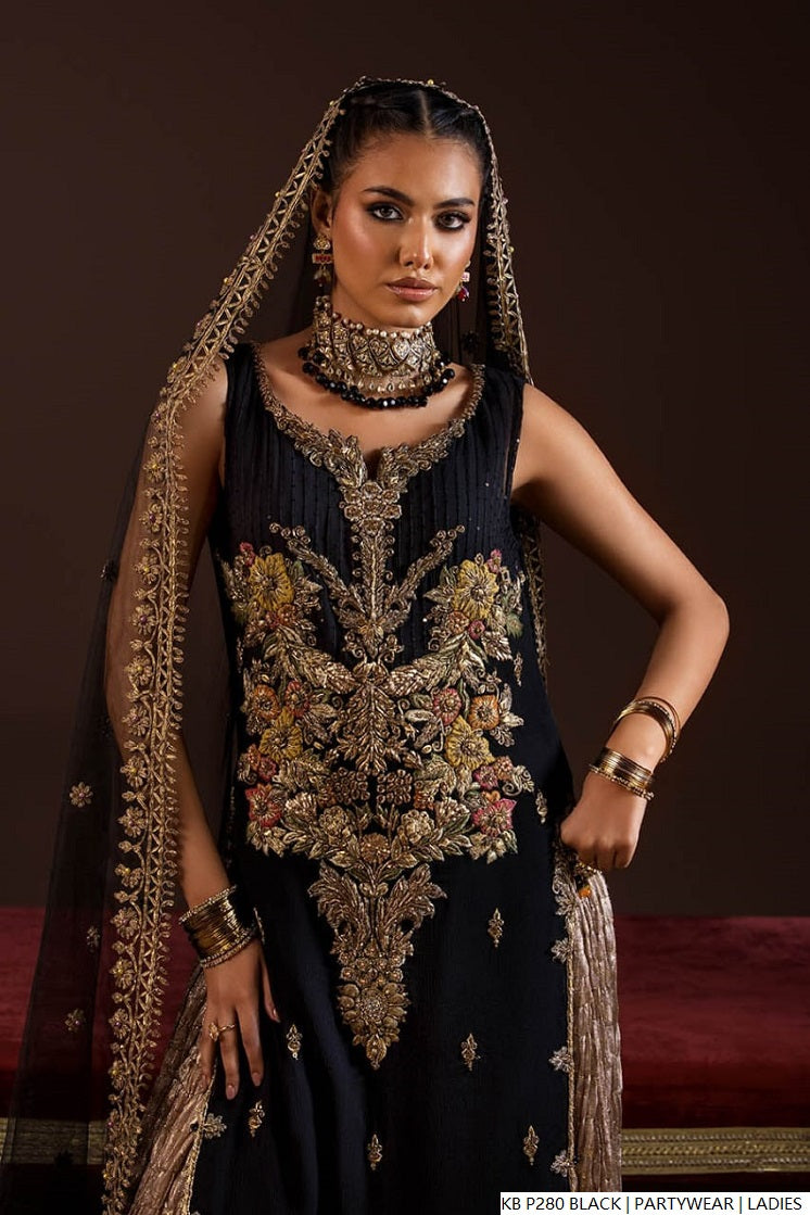 Black hand embroidered Pakistani women's luxury suit side view