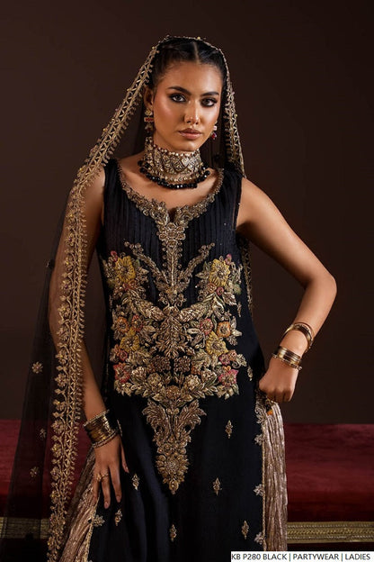 Black hand embroidered Pakistani women's luxury suit side view