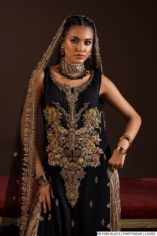 Black hand embroidered Pakistani women's luxury suit side view