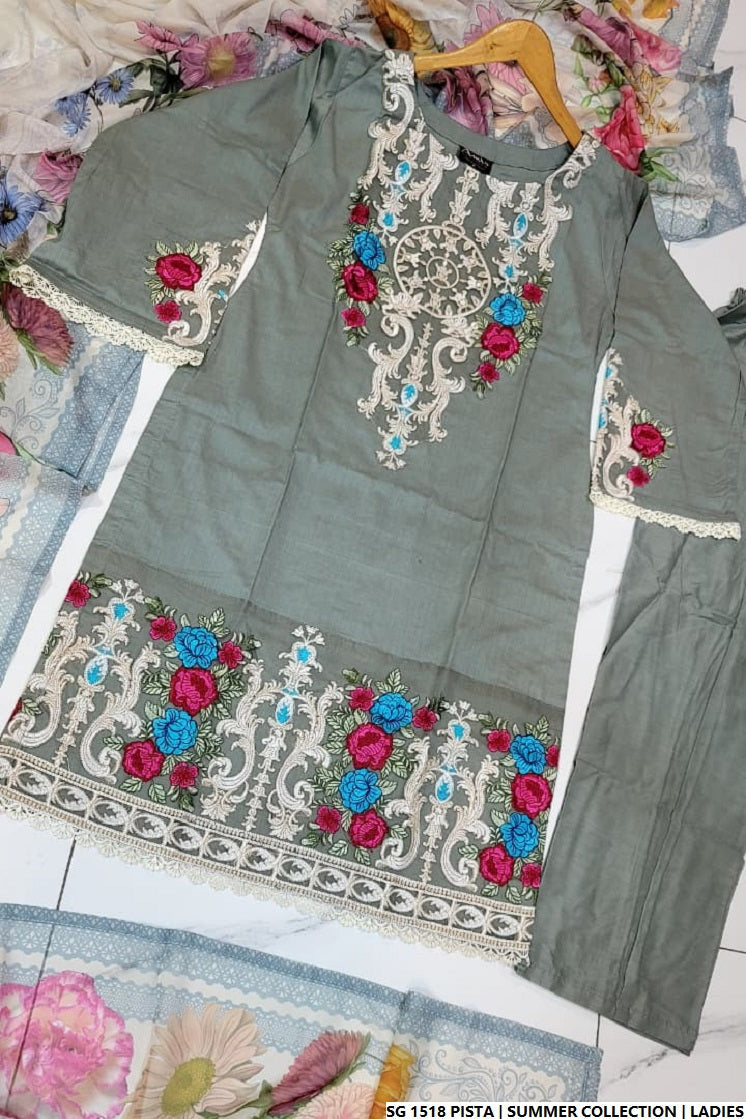 Pakistani women's pista green lawn A-Line casual outfit back view