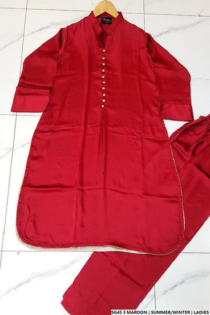 Maroon silk Pakistani women's A-Line shirt side view