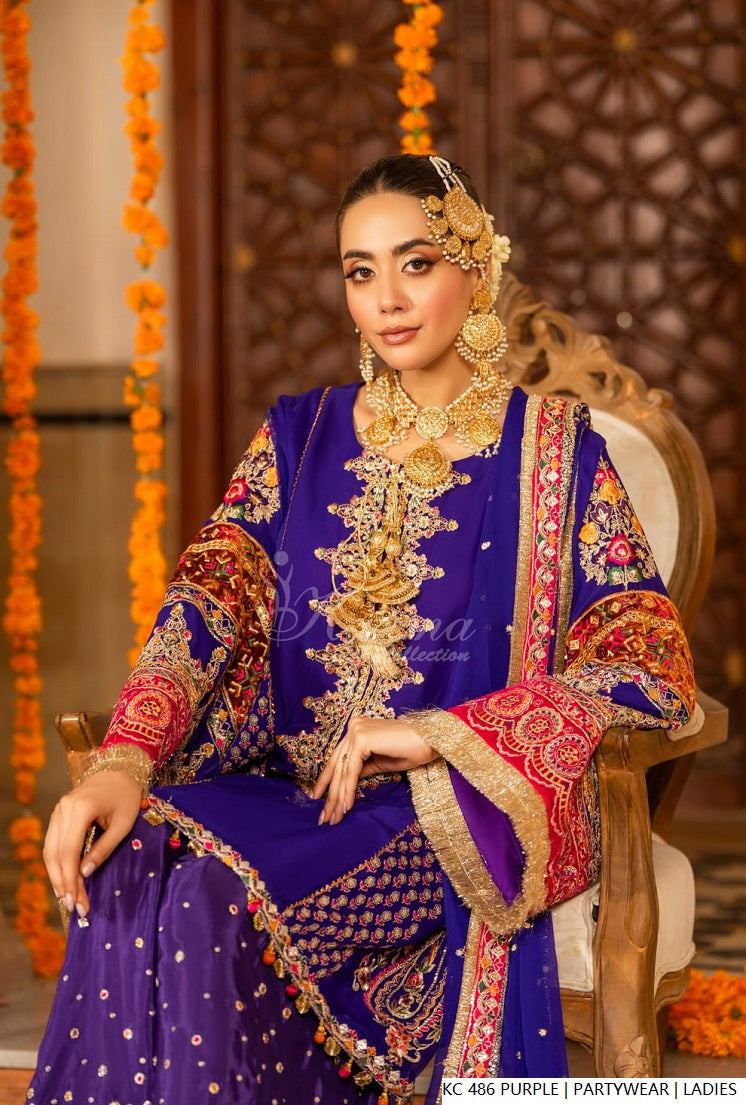 Purple silk Pakistani women's long kaftan with plazo side view