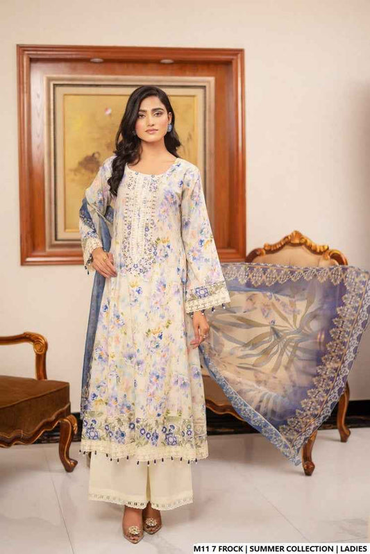 Lawn long frock printed - Pakistani women's casual summer outfit with cotton trouser and lawn dupatta front view