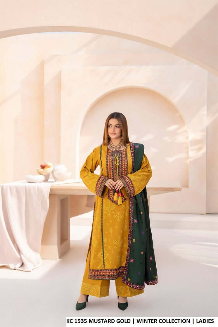 Silk short shirt mustard gold - Pakistani women's traditional festive outfit front view