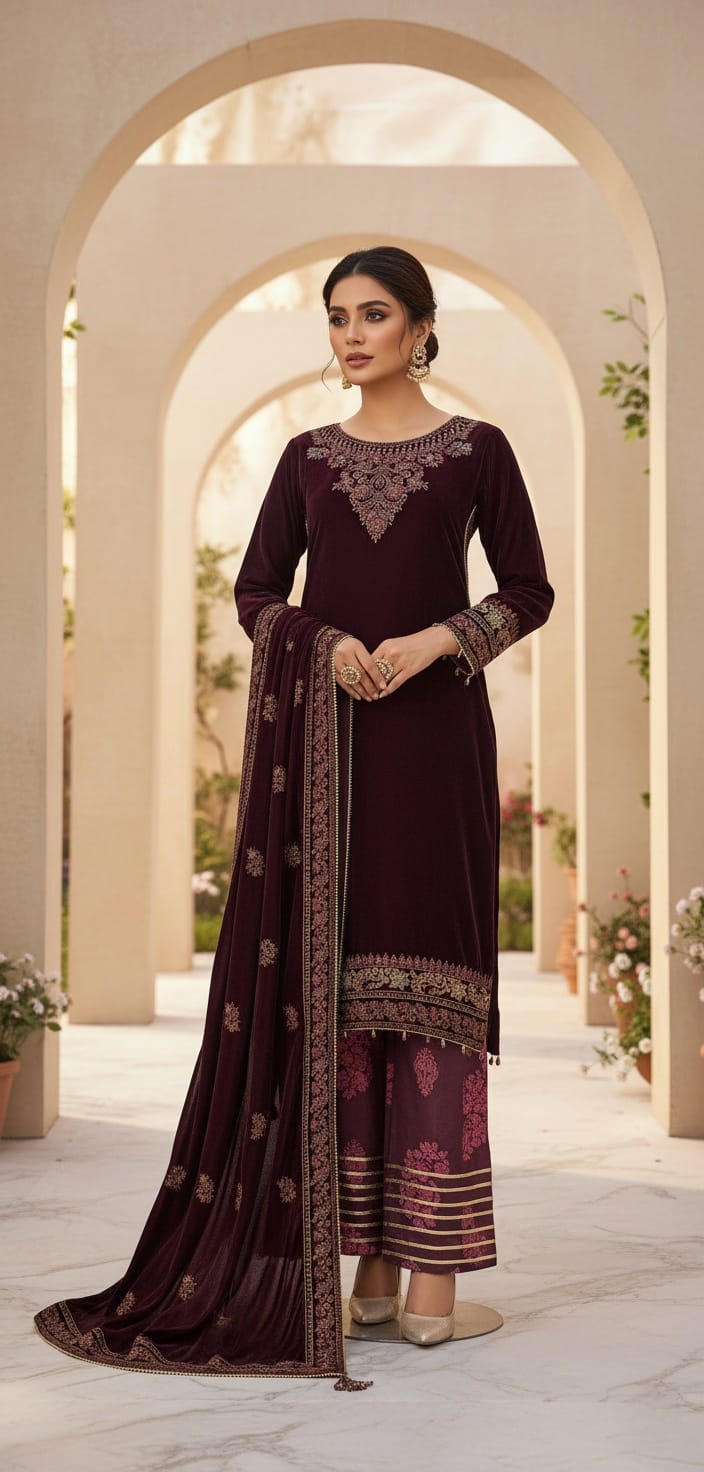 Velvet A-Line shirt maroon - Pakistani women's winter formal wear with viscose trouser and palachi shawl front view