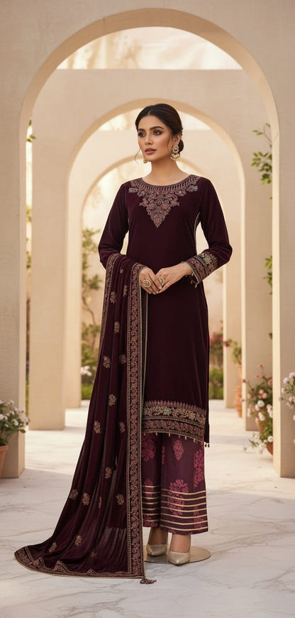 Velvet A-Line shirt maroon - Pakistani women's winter formal wear with viscose trouser and palachi shawl front view
