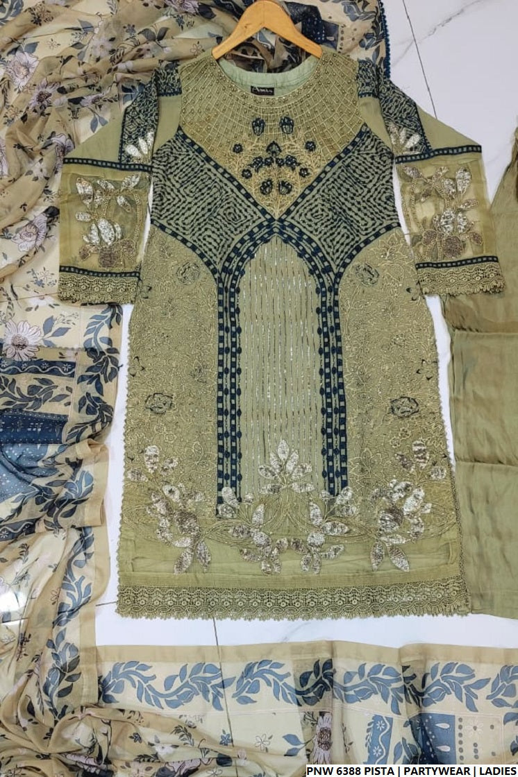 Pakistani women's pista green chiffon straight shirt plazo detail view