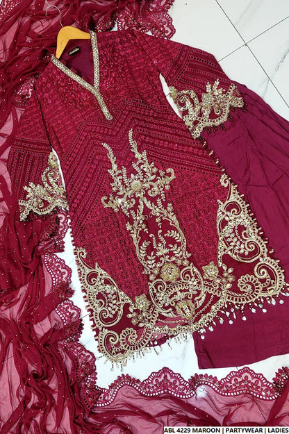 Pakistani women's maroon organza A-Line shirt back view