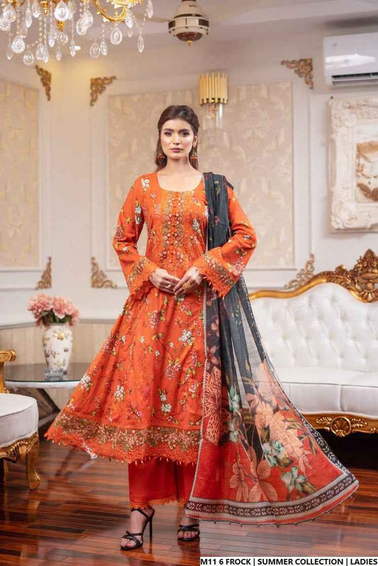 Lawn long frock printed - Pakistani women's casual summer outfit with cotton trouser and lawn dupatta front view