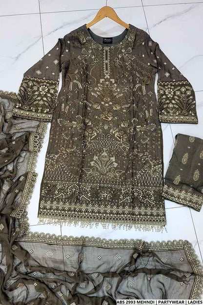 Pakistani women's mehndi green organza straight shirt full view