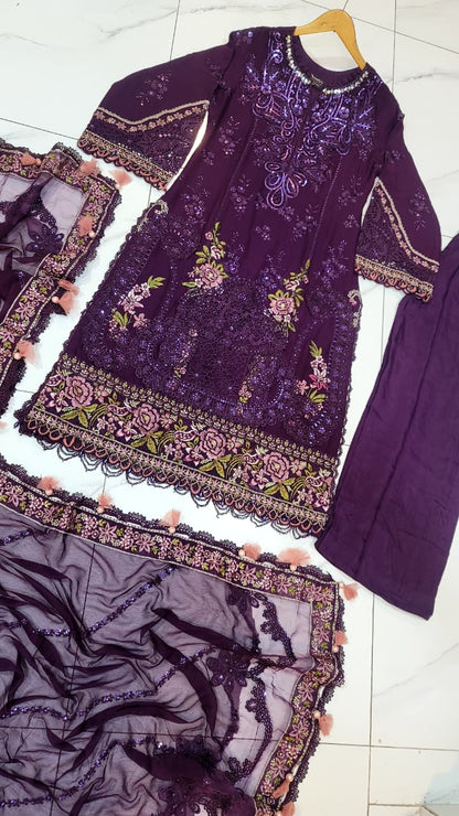 Pakistani women's dark purple organza A-Line shirt back view