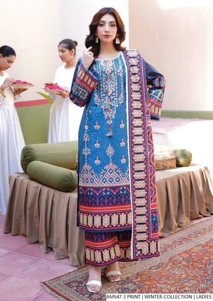 Lawn A-Line printed shirt - Pakistani women's casual summer outfit with cotton trouser and lawn dupatta front view