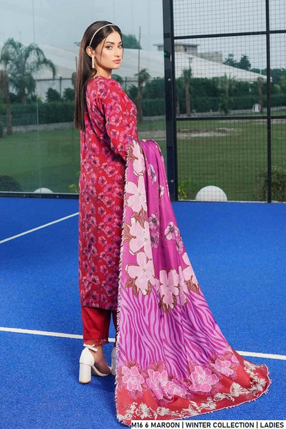 Pakistani women's maroon lawn A-Line casual outfit back view