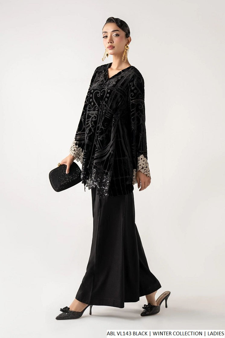 Black velvet Pakistani women's A-Line shirt back view