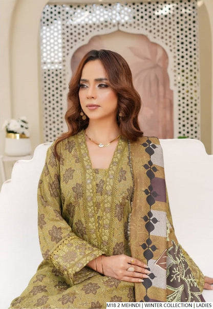 Pakistani women's mehndi green lawn A-Line casual outfit back view