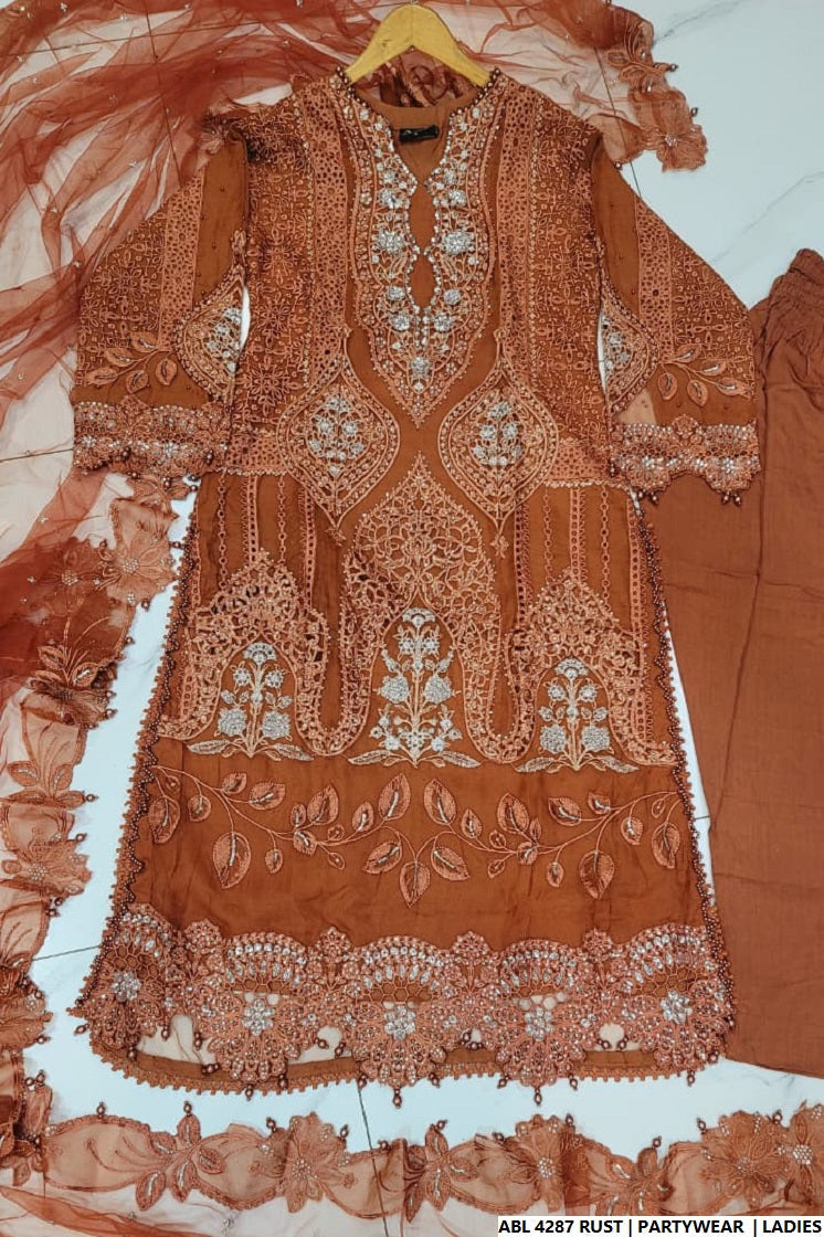 Pakistani women's rust organza A-Line shirt full view