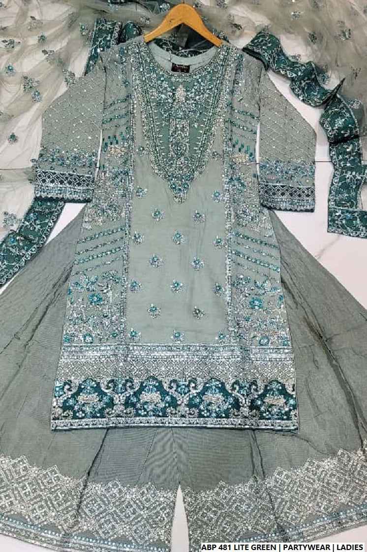 Pakistani women's light green silk short shirt detail view