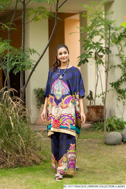 Silk 2-piece peacock blue - Pakistani women's elegant formal wear with silk trouser and silk dupatta front view