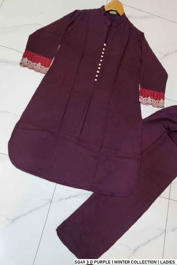 Pakistani women's dark purple lawn A-Line casual outfit back view