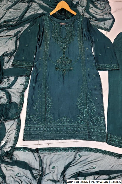 Bottle green silk Pakistani women's straight shirt side view